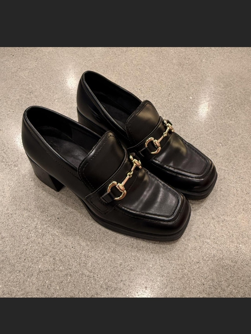 H&M Black Leather Block Heel Loafers with Gold Chain Accent